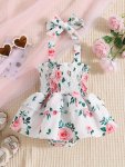 Baby Girls Cute Floral Graphic Print Sleeveless Thin Strap Onesie Dress & Headband Set Clothes