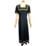 Black 70S Vintage Floral Embroidered Maxi Dress - M