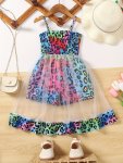 Toddler Girls Flowers Graphic Frill Trim Shirred Mesh Spliced Cami Rompers Jumpsuits Kids Summer Clothes