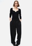 Rib-knit Sweetheart-neck Top - Black