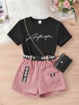 2PCS Letters Print Short Sleeve Crew Neck T-Shirt + Cargo Pocket Shorts With Belt Set For Girls Comfy And Trendy Holiday Set Sum