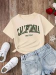 Canifornia West Letter Print Girls Fashion Casual Crew Neck Short-sleeved T-Shirt For Summer