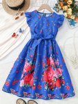 Charming Rose Graphic Tie Waist Ruffled Sleeve Dress For Girls - Perfect For Holiday Summer & Casual Outings