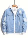 Men's Casual Ripped Denim Jacket Chic Street Style Chest Pocket Button Up Coat