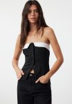 Striped Strapless Buttoned Fitted Stretchy Knitted Blouse - Black