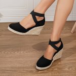 Women's Solid Color Trendy Sandal Elastic Band Platform Closed Toe Espadrilles Shoes Hollow Out Wedge Comfy Shoes