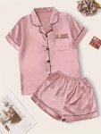 Solid Satin Pajamas Set Short Sleeve Buttons Top & Shorts Women's Sleepwear & Loungewear