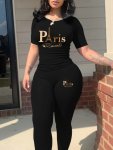 Paris Print Matching Two-piece Set Casual Short Sleeve Crew Neck T-Shirt & Skinny Pants Outfits Women's Clothing