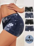 4PCS Faux Denim Print Fake Jeans Stretchy Seamless Elegant Shorts Women's Clothing