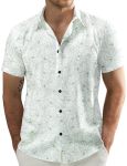 Jogal Men's Flower Casual Short Sleeve Aloha Hawaiian Shirt White Green Line Small