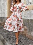 Floral Print V-neck Shirred Waist Dress Elegant Flutter Sleeve Dress For Spring & Summer Women's Clothing