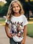 Horse Floral Pattern Print Short Sleeve Crew Neck T-Shirt For Girls Casual Comfy Breathable Versatile Tee Top Summer Gift