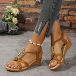 Women's Beaded Decor Sandals Platform Slip On Ankle Strap Walking Vacation Shoes Comfort Wedge Beach Shoes