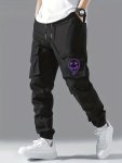 Boys Smile Face Print Casual Cargo Pants With Elastic Waist And Pockets Comfy Jogger Pants For Boys
