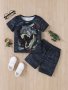 2PCS Boys Casual Dinosaur 3D Graphic Print Short Sleeve T-Shirt & Shorts Set Comfy Summer Boys Clothes