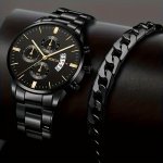 1 2PCS SET Elegant Men's Quartz WATCH 1PC Watch & Stainless Steel Jewelry Set Perfect For Gifting