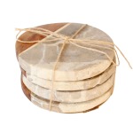 Set Of 4 Beige Marble & Wood Coasters