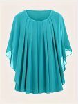 Plus Size Solid Pleated Top Elegant Crew Neck Batwing Sleeve Top For Spring & Summer Women's Plus Size Clothing