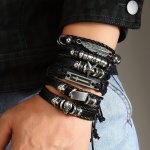6PCS 1PC Hip Hop Skull Cross Feather Woven Faux Leather Bracelet For Men