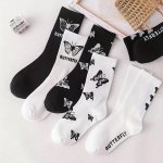 6 Pairs Butterfly Print Socks Casual Black & White Mid Tube Socks Women's Stockings & Hosiery