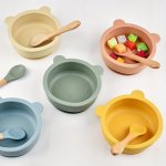 2-PIECE Baby Feeding Tableware Food Grade Silicone Suction Cup Bowl Wooden Handle Baby Food Spoon Children's Baby Food Set Does 
