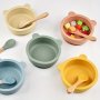 2-PIECE Baby Feeding Tableware Food Grade Silicone Suction Cup Bowl Wooden Handle Baby Food Spoon Children's Baby Food Set Does Not Contain Bpa