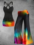 Ombre Print Sexy Pants Set Butterfly Appliques Backless Ring Detail Tank Top & Plicated Detail Loose Pants Outfits Women's Cloth