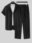 2-PIECE Men's Stylish Spring Summer Vacation Outfit Set Men's Ruffled Short Sleeve Lapel Shirt & Drawstring Long Pants Set