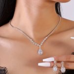 1 Pair Of Earrings + 1 Necklace Elegant Jewelry Set Silver Plated Inlaid Shining Rhinestone In Waterdrop Shape Engagement Weddi