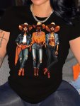 Cowgirl Print Crew Neck T-Shirt Short Sleeve Casual Top For Spring & Summer Women's Clothing
