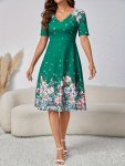 Floral Print V Neck Dress Elegant Scallop Trim Short Sleeve Dress For Spring & Summer Women's Clothing