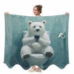 Funny Animal Wearable Blanket Polar Bear Sitting On Toilet Bear Playing Phone Shawl Blanket With Pockets Double-sided Blankets F