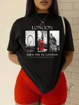 London Print Short Sleeve T-Shirt Casual Crew Neck Top For Spring & Summer Women's Clothing