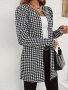 Houndstooth Print Open Front Jacket Casual Crew Neck Long Sleeve Outerwear Women's Clothing