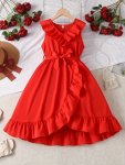 Girl's Glamorous Wavy Ruffles V-neck Sleeveless Princess Dress - Suitable For Parties Evenings Prom