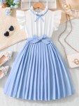 Elegant Spliced Ruffle Sleeve Pleated Dress For Girls Holiday Casual Dresses Summer Gift