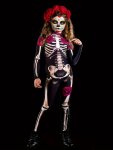Girls Fun & Cool Gothic Style Long Sleeve Allover Skeleton & Roses Pattern Dress Up Jumpsuit For Halloween Party