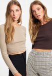 2-PACK Fitted Wide Collar Corduroy Stretchy Crop Knitted Blouse - Brown beige