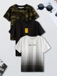 3PCS Camouflage Letter And Gradient Print T-Shirt - Vibrant Short Sleeve Tee For Summer Fun - Casual Style For Boys And Girls