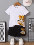 Cartoon Tiger Graphic Print 2PCS Boys Casual Short Sleeve T-Shirt & Shorts Set Boys Clothing For Summer As Gifts