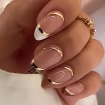 Almond Press On Nails French Tip Fake Nails Leopard Designs False Nails Golden Line Stick On Nails Oval Glossy Glue On Nails Whi