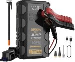 Jump Starter With Air Compressor – 2500A Car Battery Booster Pack – 150PSI Digital Tire Inflator 12V Auto Jumper Cables