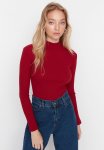 Slim Fitted Stand Up Collar Ribbed Stretch Knitted Blouse - Burgundy