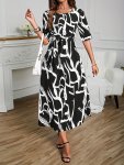 Allover Print Short Sleeve Dress Casual Crew Neck Tie Waist A-line Dress Women's Clothing