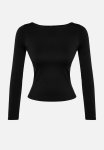Cotton Boat Neck Fitted Stretch Knitted Blouse - Black