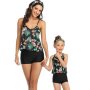 Matching Mom Or Daughter Black Tropical Print Boyleg Two-piece Swimwear - XL