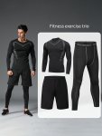 3-PIECE Men's Gym Workout Sports Suits Quick-drying Long Sleeve T-shirts +solid Comfy Shorts + Compression Leggings