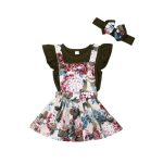 Olive Romper With Floral Suspender Skirt And Matching Headband 3-6M
