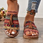 Women's Ethnic Style Tassel Decorated Flat Sandals Beach Vacation Sandals Non-slip Outdoor Wear Fashionable All-match Slippers
