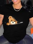 Bear Graphic Print T-Shirt Short Sleeve Crew Neck Casual Top For Summer & Spring Women's Clothing